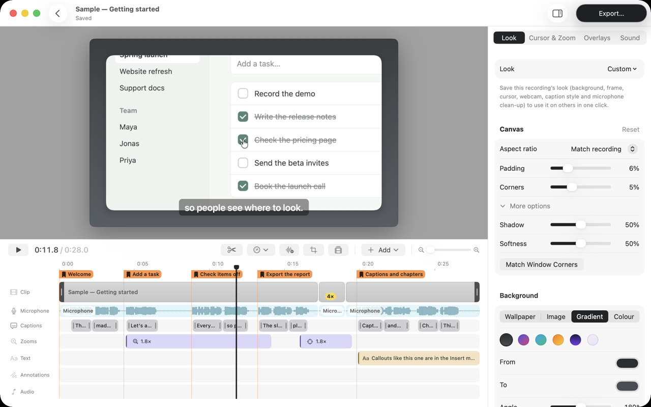 The RecordStudio editor. A recording of a task list app, framed on a graphite background and zoomed in on a checked item, with a caption. Below it, a timeline with chapters, captions and two zooms; on the right, settings for the look.
