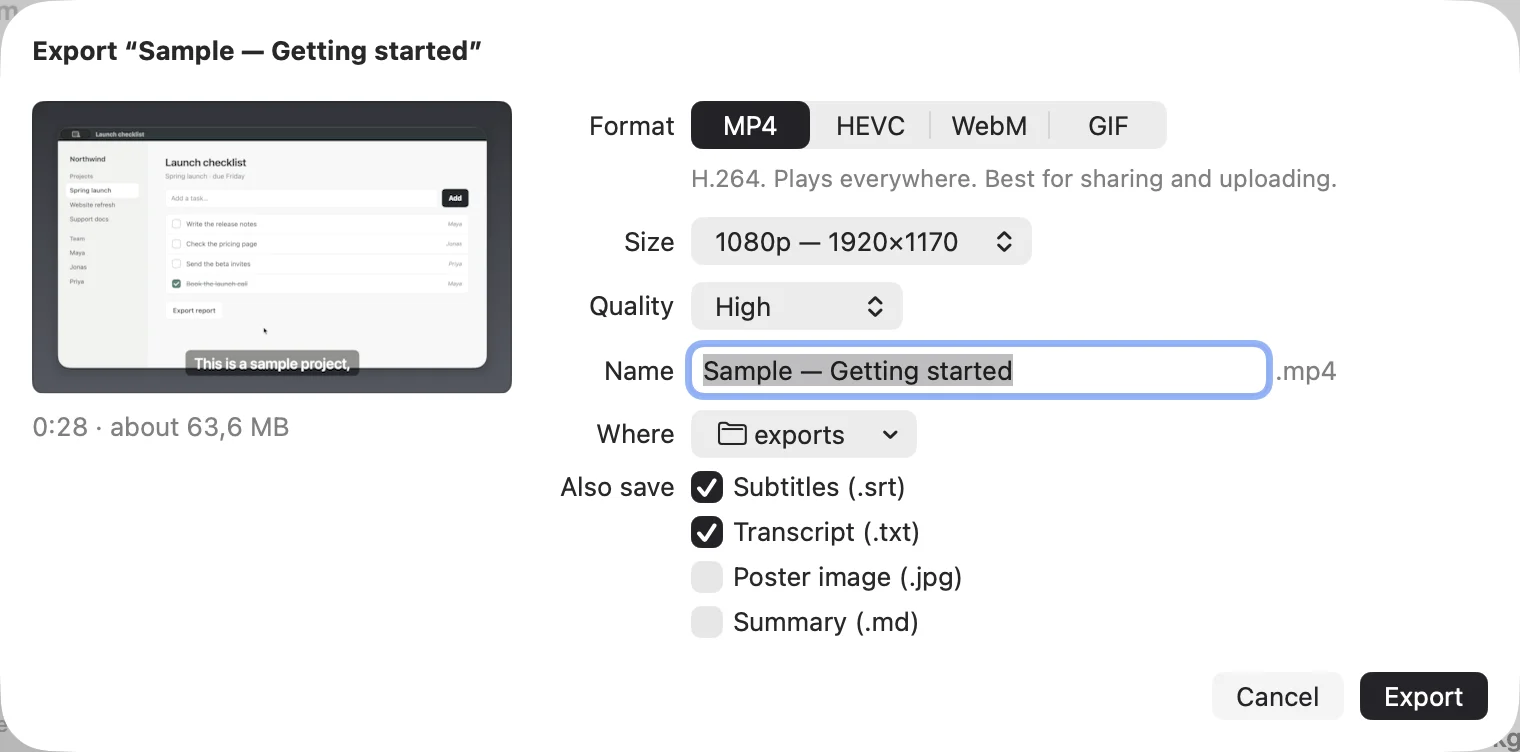 The Export window: MP4, HEVC, WebM or GIF, the size and quality, a name, where to save it, and checkboxes for subtitles, a transcript, a poster image and a summary.